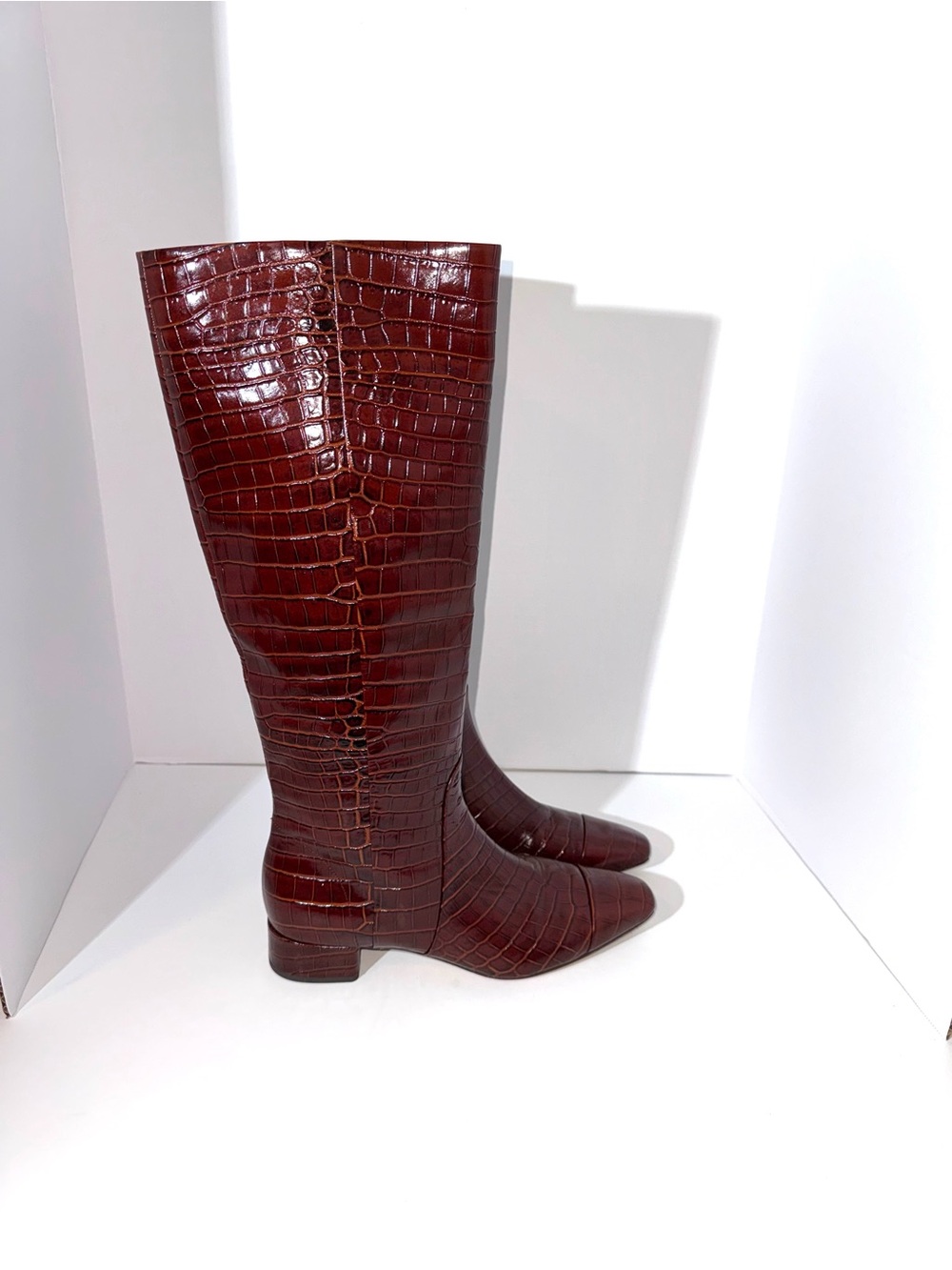 Veronica Beard Cecile Croc Embossed Leather Knee Boots - Picture 4 of 6